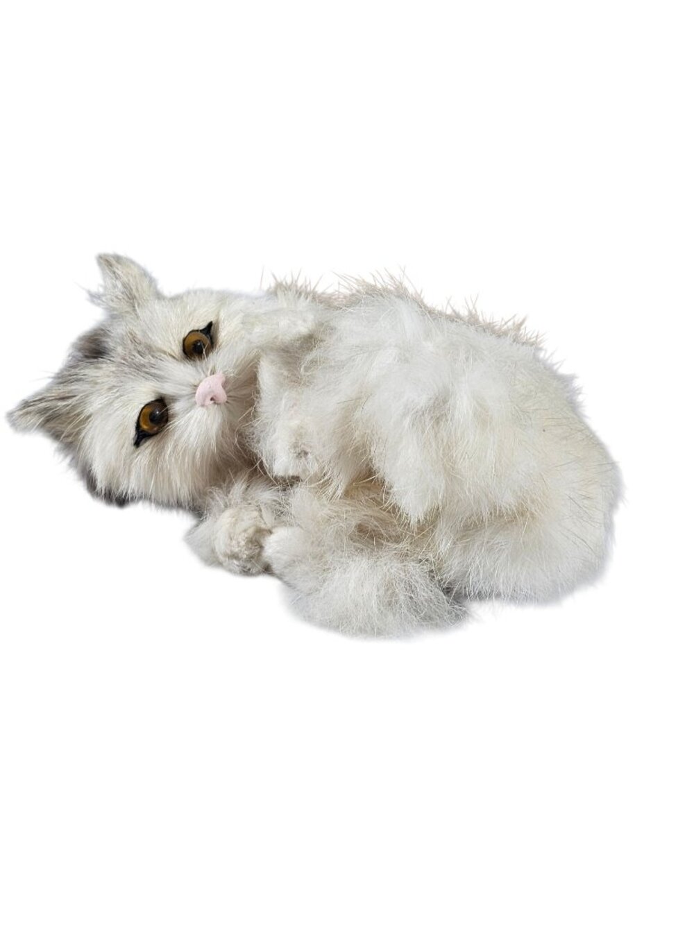 Realistic Kitten Made With Real Rabbi Fur Cream Color 2" Tall 4 In Long Vintage